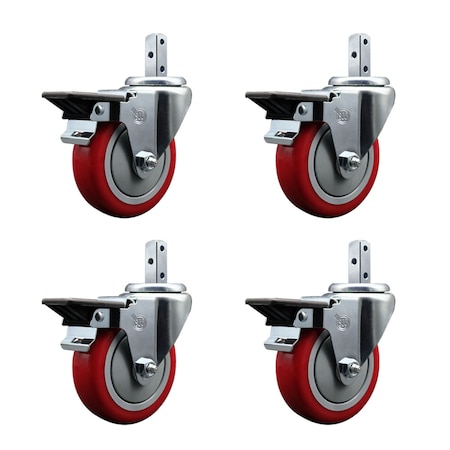 Service Caster 4'' Red Poly Wheel Swivel 3/4'' Square Stem Caster Set with Brake, 4PK SCC-SQ20S414-PPUB-RED-PLB-34-4
